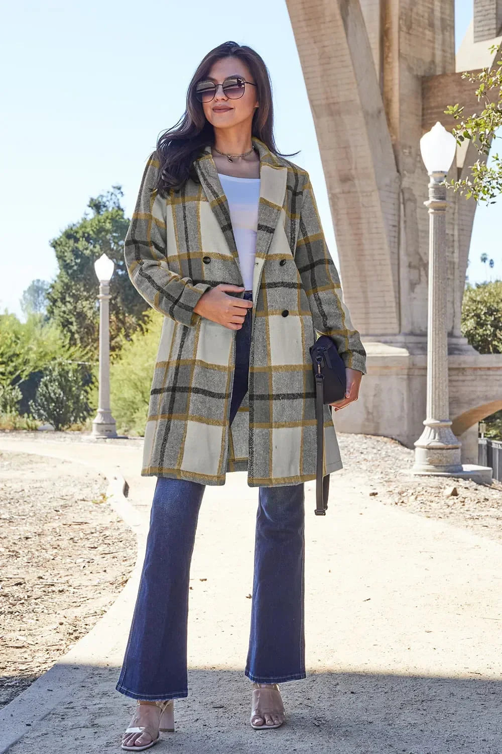 Double Take Full Size Plaid Button Up Lapel Collar Coat - Trendibles