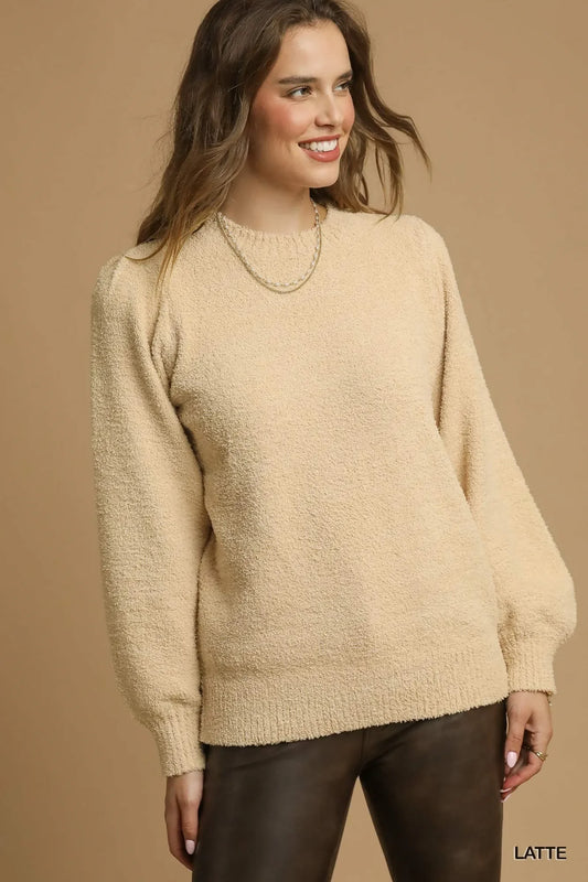 Umgee Textured Long Sleeve Sweater with Ribbed Trim - Trendibles