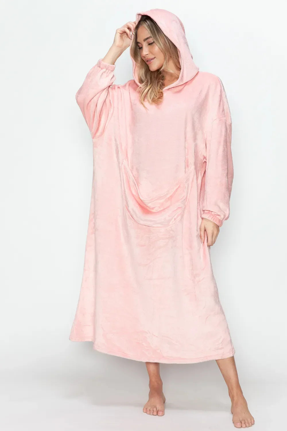 Double Take Full Size Pocketed Hooded Midi Lounge Dress - Trendibles