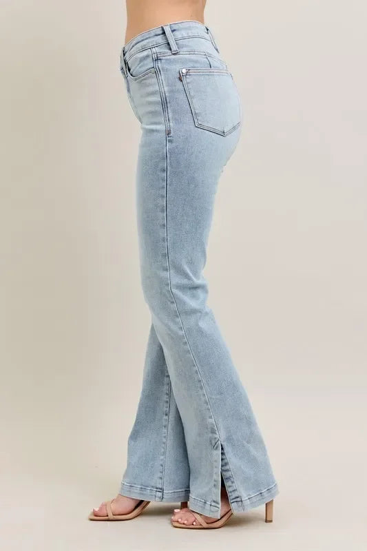 Judy Blue Full Size Tummy Control Vintage Wash Side Slit Slim Boot Jeans Plus Size - Trendibles