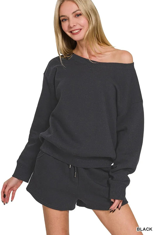 Zenana Fleece Boat Neck Sweatshirt and Shorts Set - Trendibles