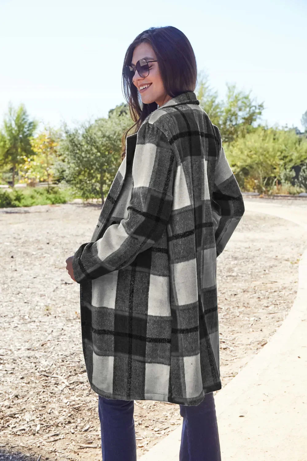 Double Take Full Size Plaid Button Up Lapel Collar Coat - Trendibles