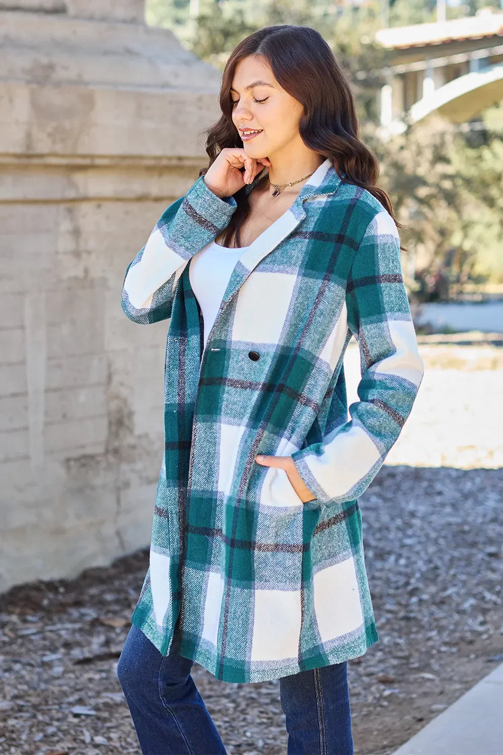 Double Take Full Size Plaid Button Up Lapel Collar Coat - Trendibles