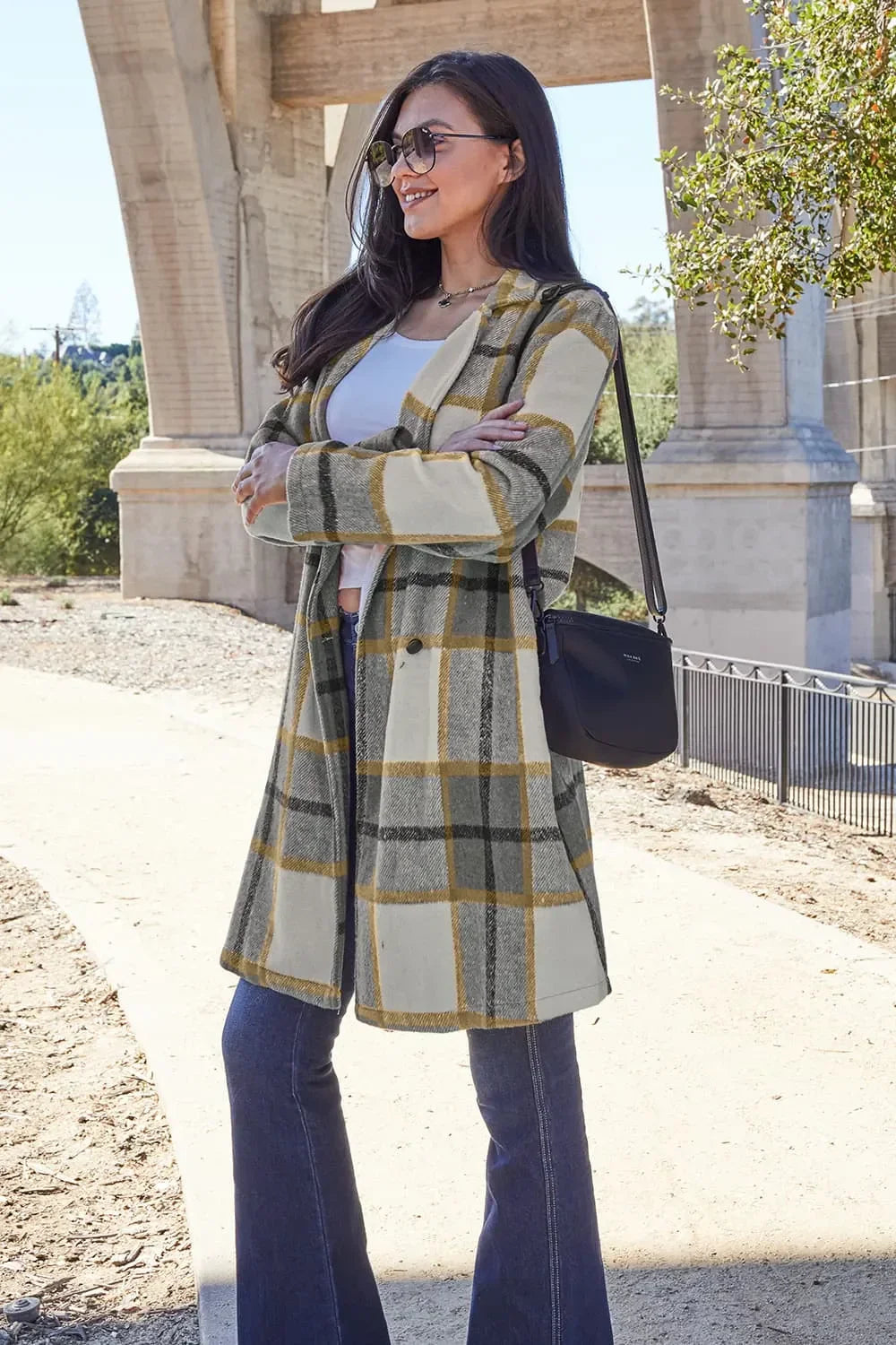Double Take Full Size Plaid Button Up Lapel Collar Coat - Trendibles