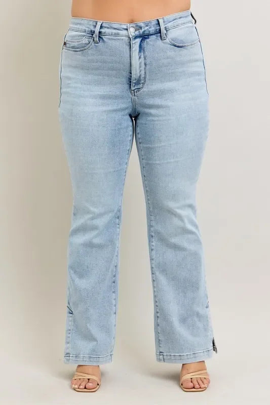 Judy Blue Full Size Tummy Control Vintage Wash Side Slit Slim Boot Jeans Plus Size - Trendibles