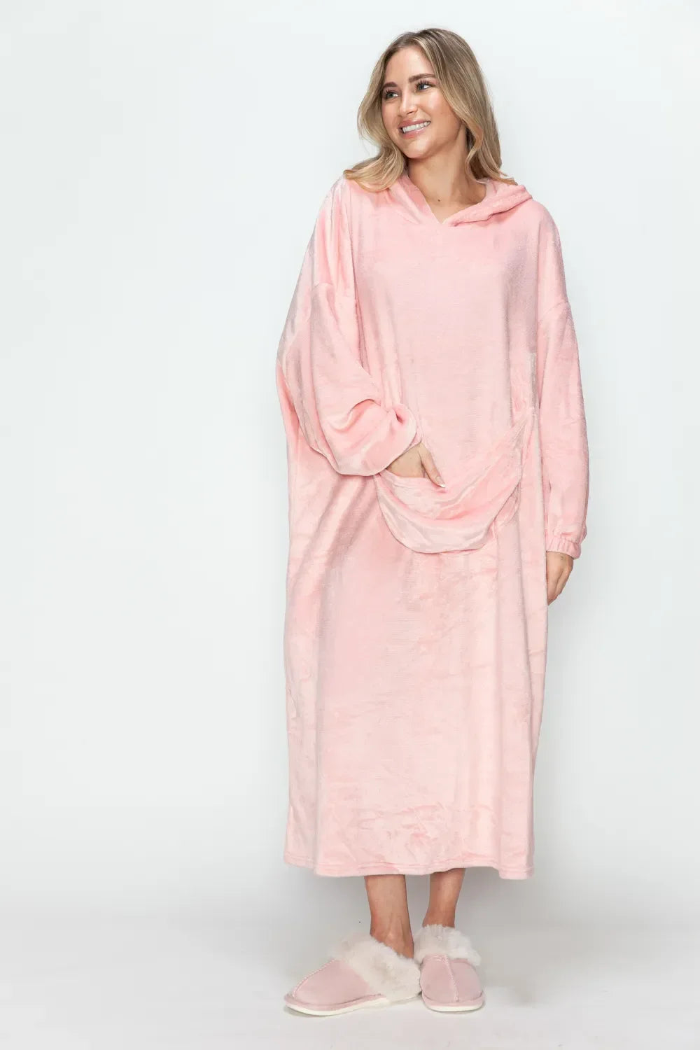 Double Take Full Size Pocketed Hooded Midi Lounge Dress - Trendibles