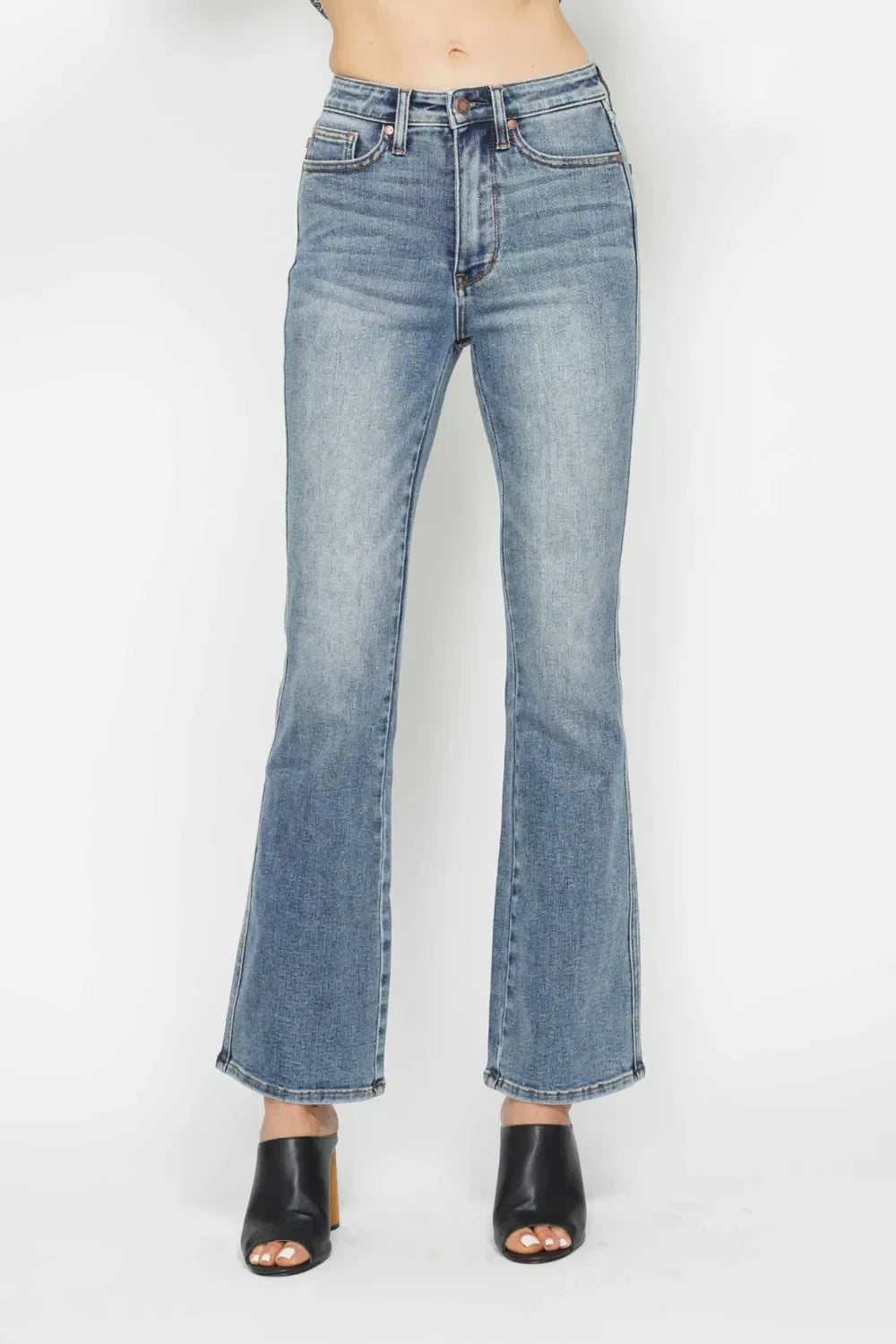 Judy Blue Full Size Tummy Control Back Embroidered Pocketed Bootcut Jeans Plus Size - Trendibles