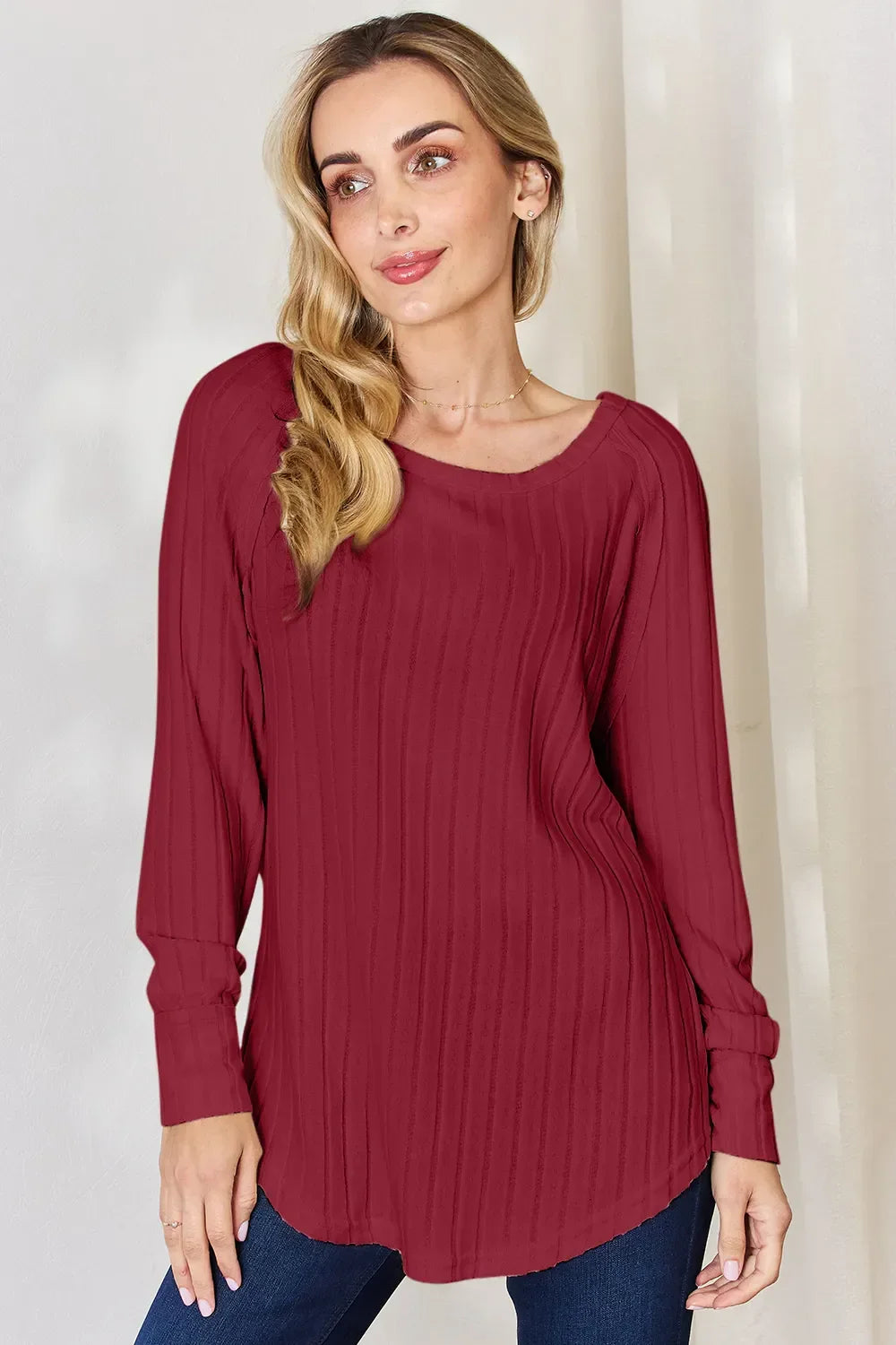 Basic Bae Full Size Ribbed Round Neck Slit T-Shirt - Trendibles