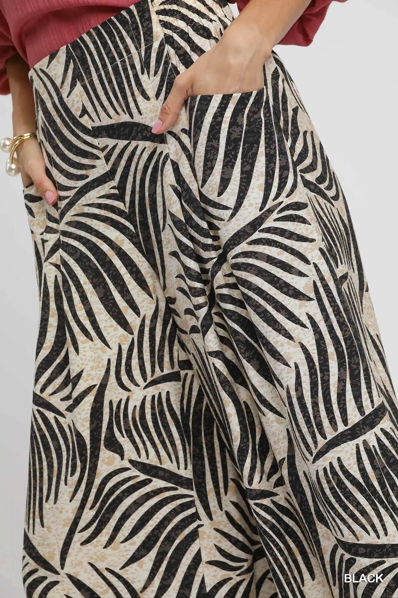 Umgee Palm Leaf Print Wide Leg Culotte Pants - Trendibles