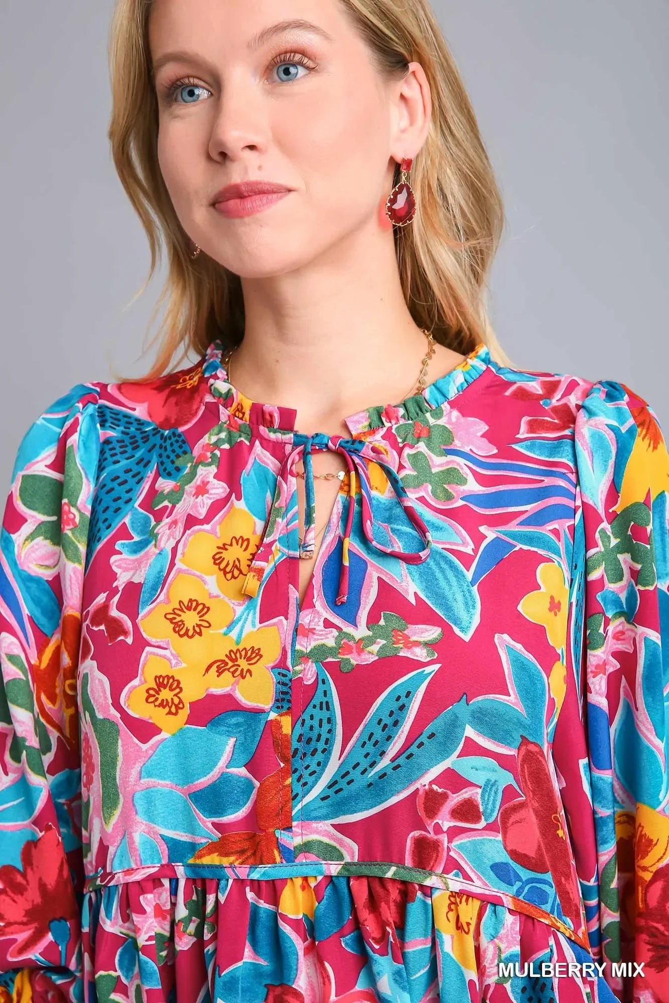 Umgee Full Size Floral Print Tie Neck Midi Dress with Pockets Plus Size - Trendibles