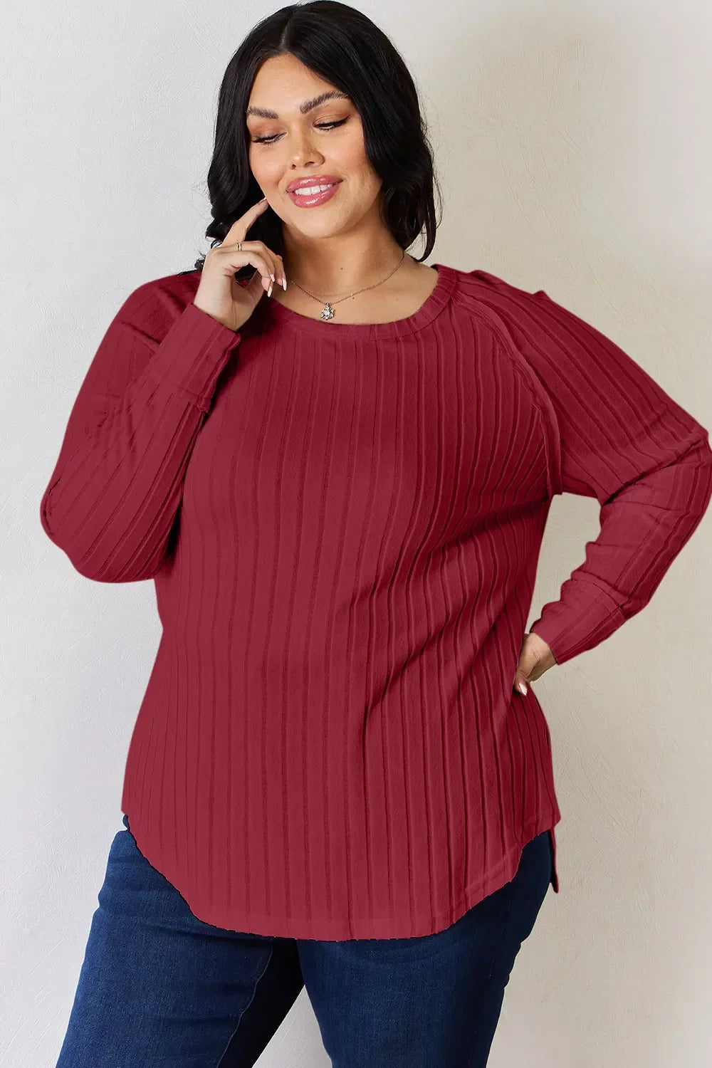 Basic Bae Full Size Ribbed Round Neck Slit T-Shirt - Trendibles