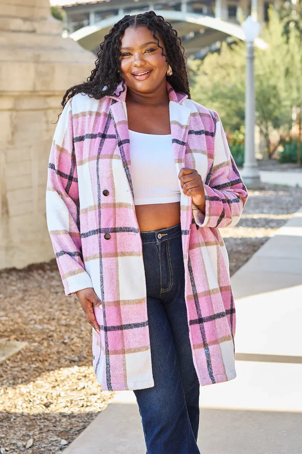 Double Take Full Size Plaid Button Up Lapel Collar Coat - Trendibles
