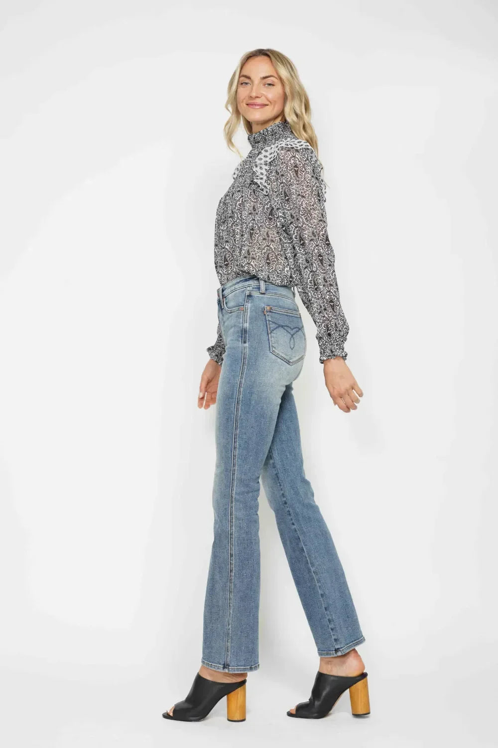 Judy Blue Full Size Tummy Control Back Embroidered Pocketed Bootcut Jeans Plus Size - Trendibles