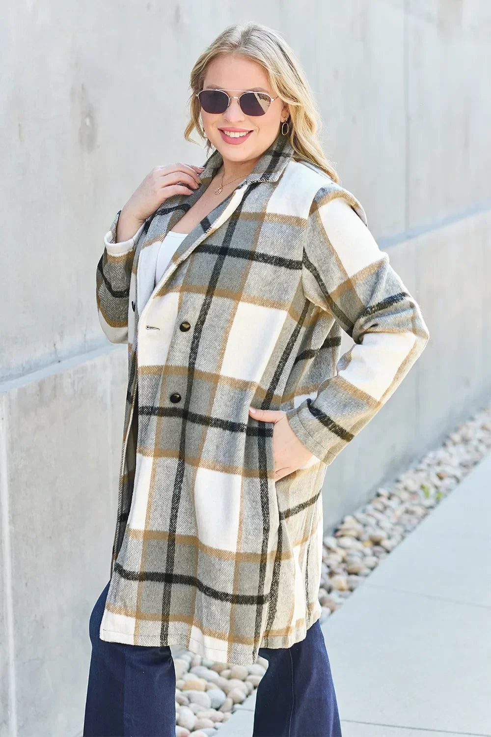 Double Take Full Size Plaid Button Up Lapel Collar Coat - Trendibles