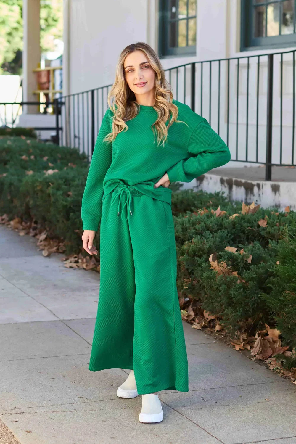 Double Take Full Size Textured Long Sleeve Top and Drawstring Pants Set - Trendibles