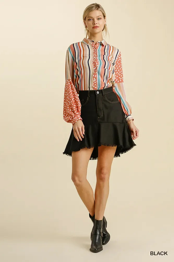 Umgee Linen Blend 5 Pockets High Low Skirt with Frayed Hem - Trendibles
