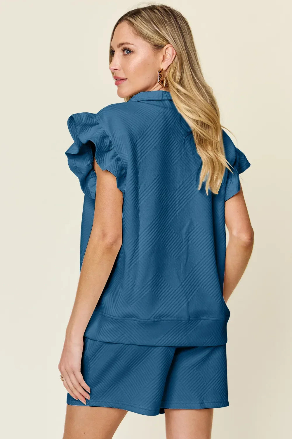 Double Take Full Size Texture Flounce Sleeve Top and Drawstring Shorts Set - Trendibles