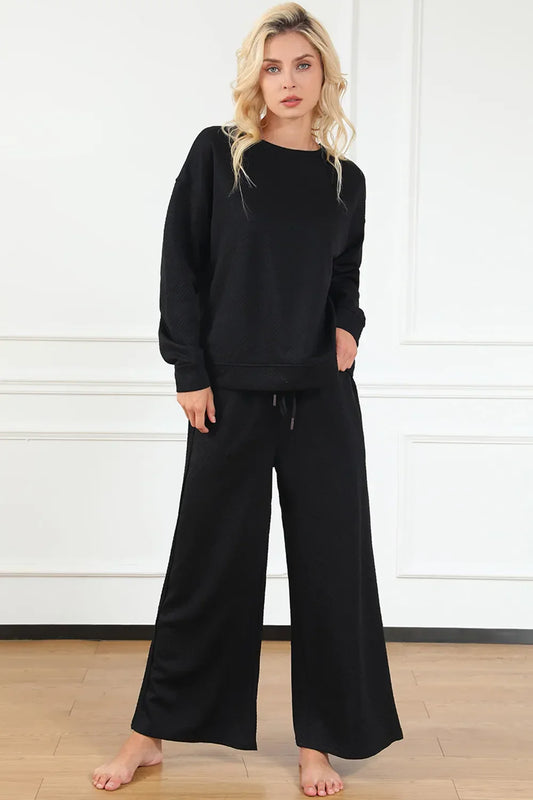 Double Take Full Size Textured Long Sleeve Top and Drawstring Pants Set - Trendibles