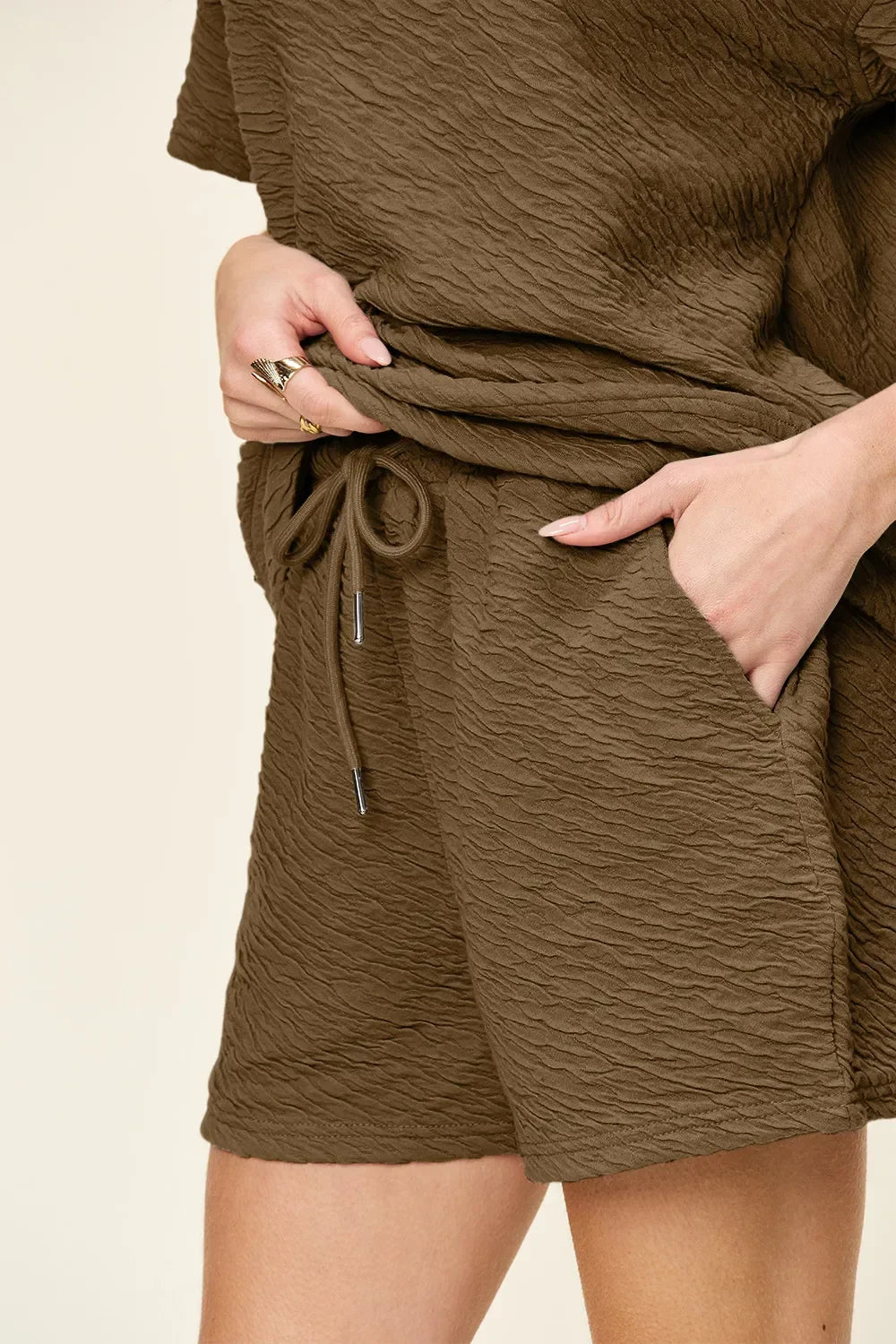 Double Take Full Size Texture Short Sleeve T-Shirt and Drawstring Shorts Set - Trendibles