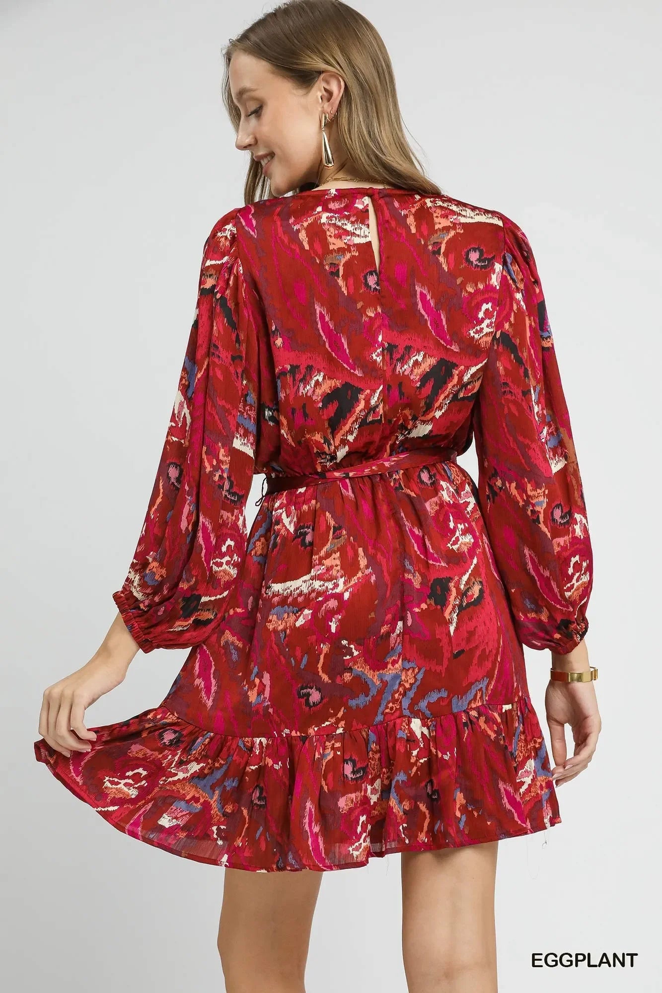 Umgee Ruffled Hem Printed Balloon Sleeve Dress - Trendibles