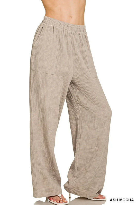 Zenana Double Gauze Elastic Band Pants - Trendibles