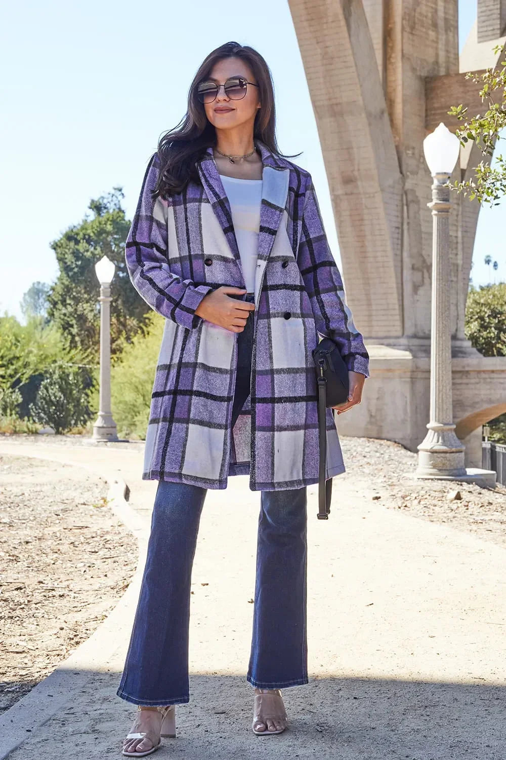 Double Take Full Size Plaid Button Up Lapel Collar Coat - Trendibles