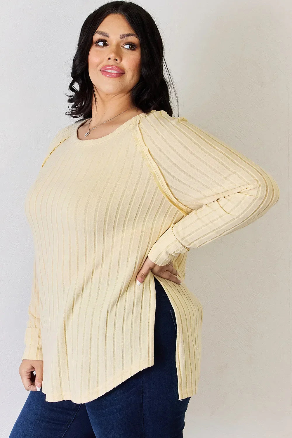 Basic Bae Full Size Ribbed Round Neck Slit T-Shirt - Trendibles