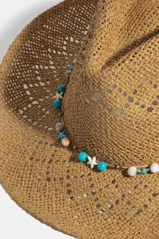 Fame Turquoise and Shell Star Beads Strap Western Straw Hat - Trendibles