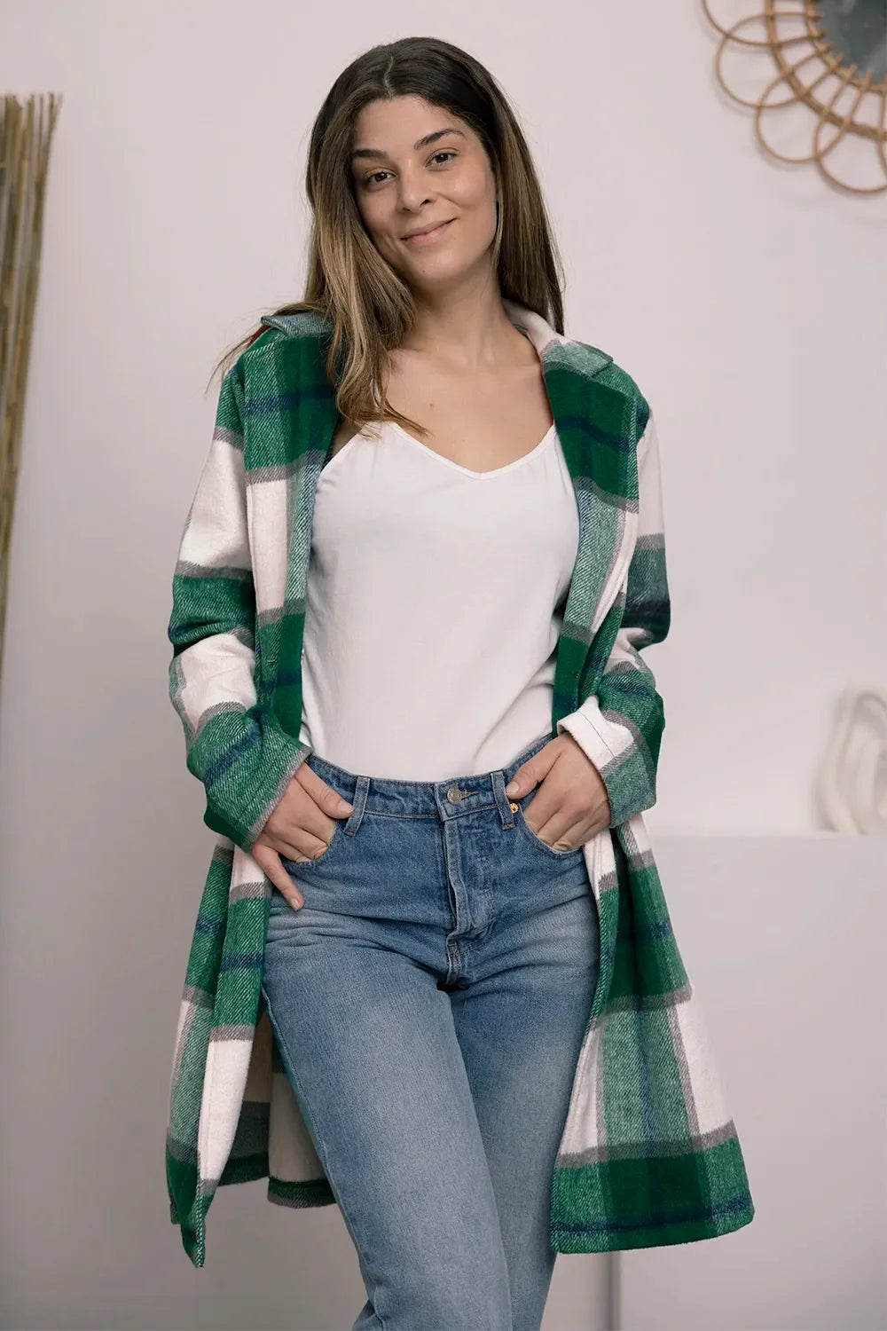 Double Take Full Size Plaid Button Up Lapel Collar Coat - Trendibles