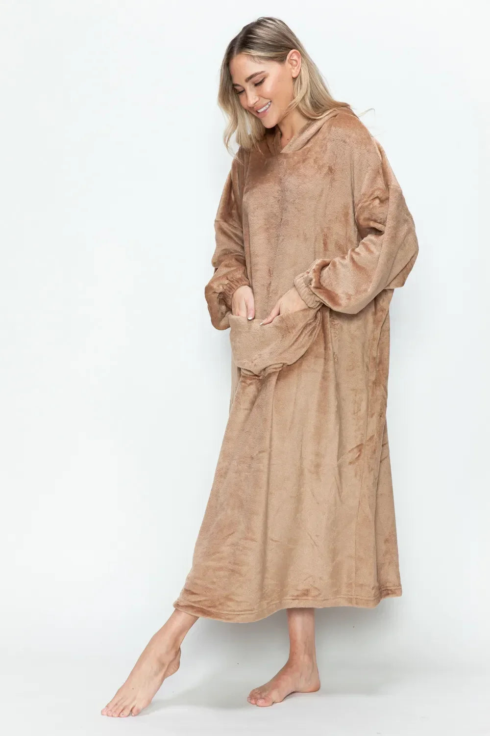 Double Take Full Size Pocketed Hooded Midi Lounge Dress - Trendibles