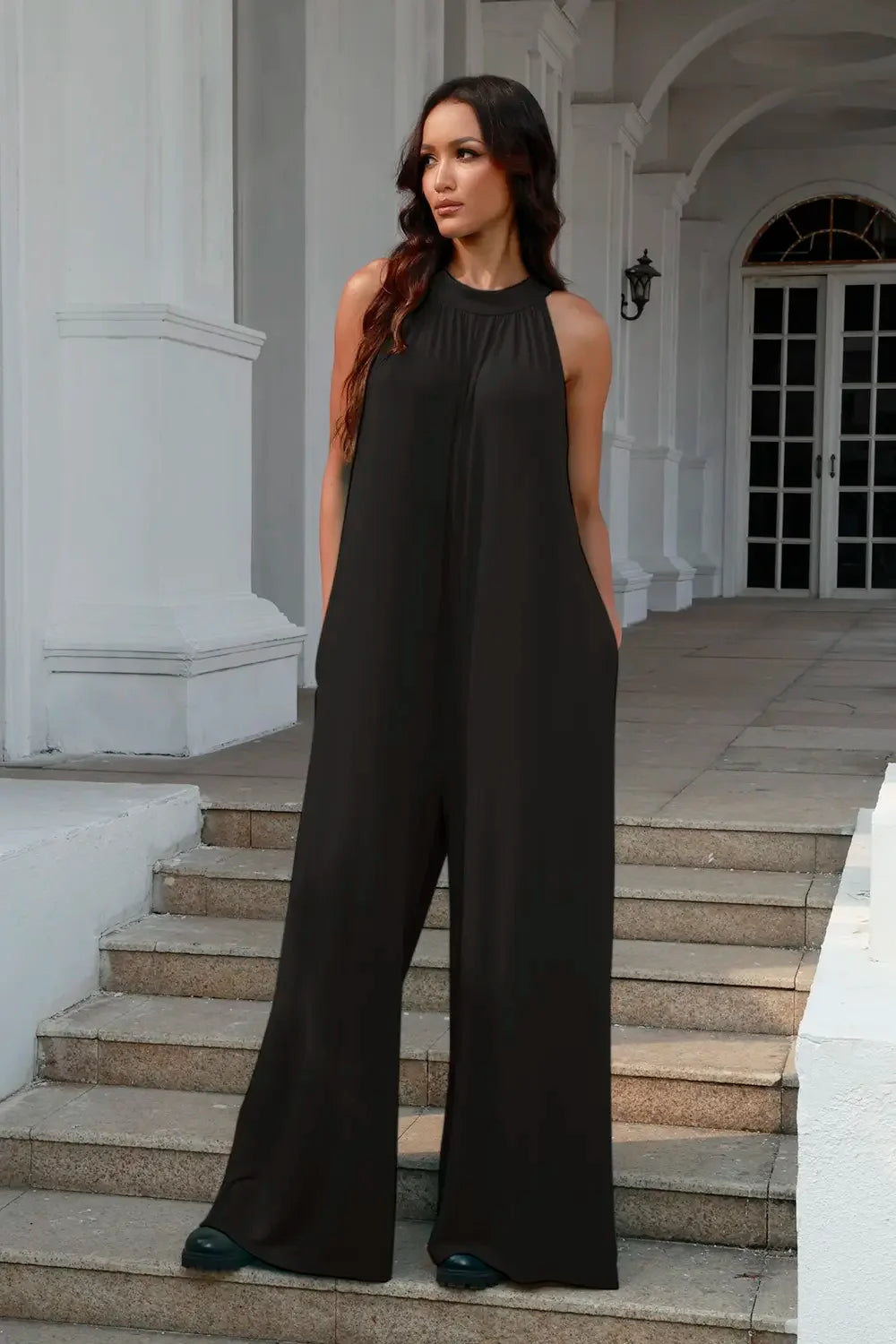 Double Take Full Size Tie Back Cutout Sleeveless Jumpsuit - Trendibles
