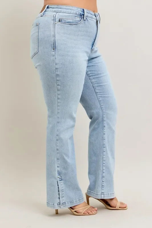 Judy Blue Full Size Tummy Control Vintage Wash Side Slit Slim Boot Jeans Plus Size - Trendibles