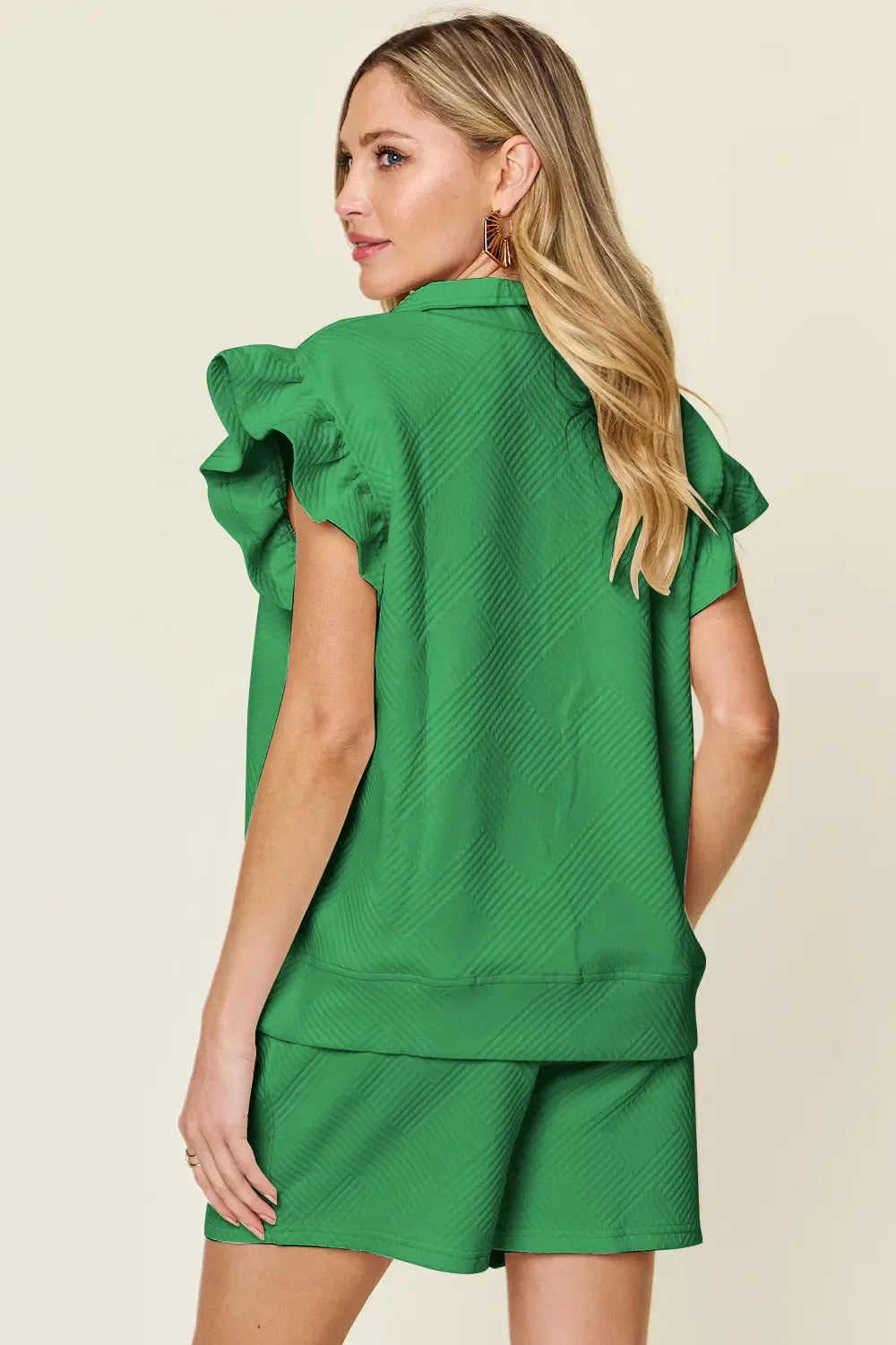 Double Take Full Size Texture Flounce Sleeve Top and Drawstring Shorts Set - Trendibles