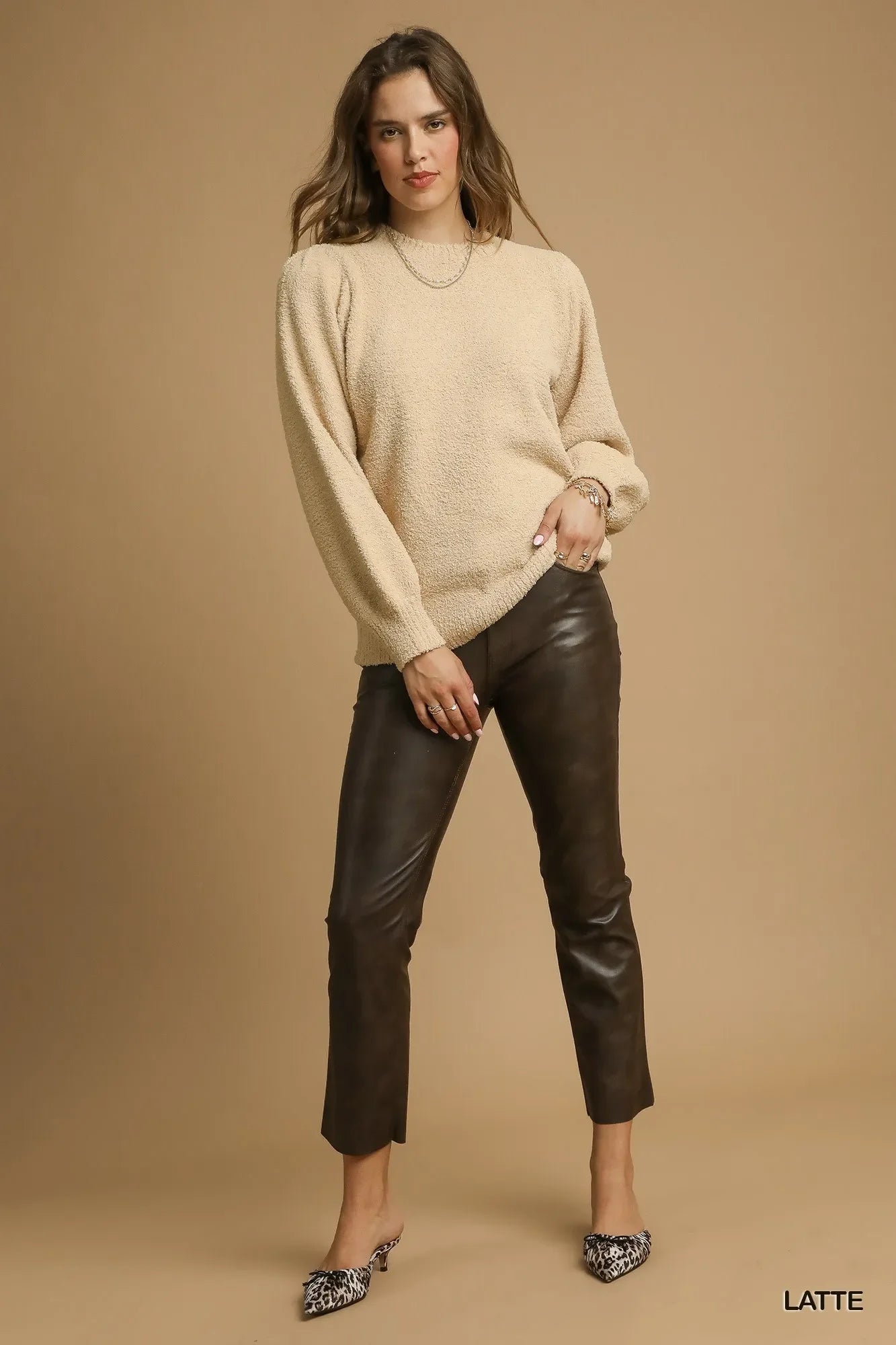 Umgee Textured Long Sleeve Sweater with Ribbed Trim - Trendibles
