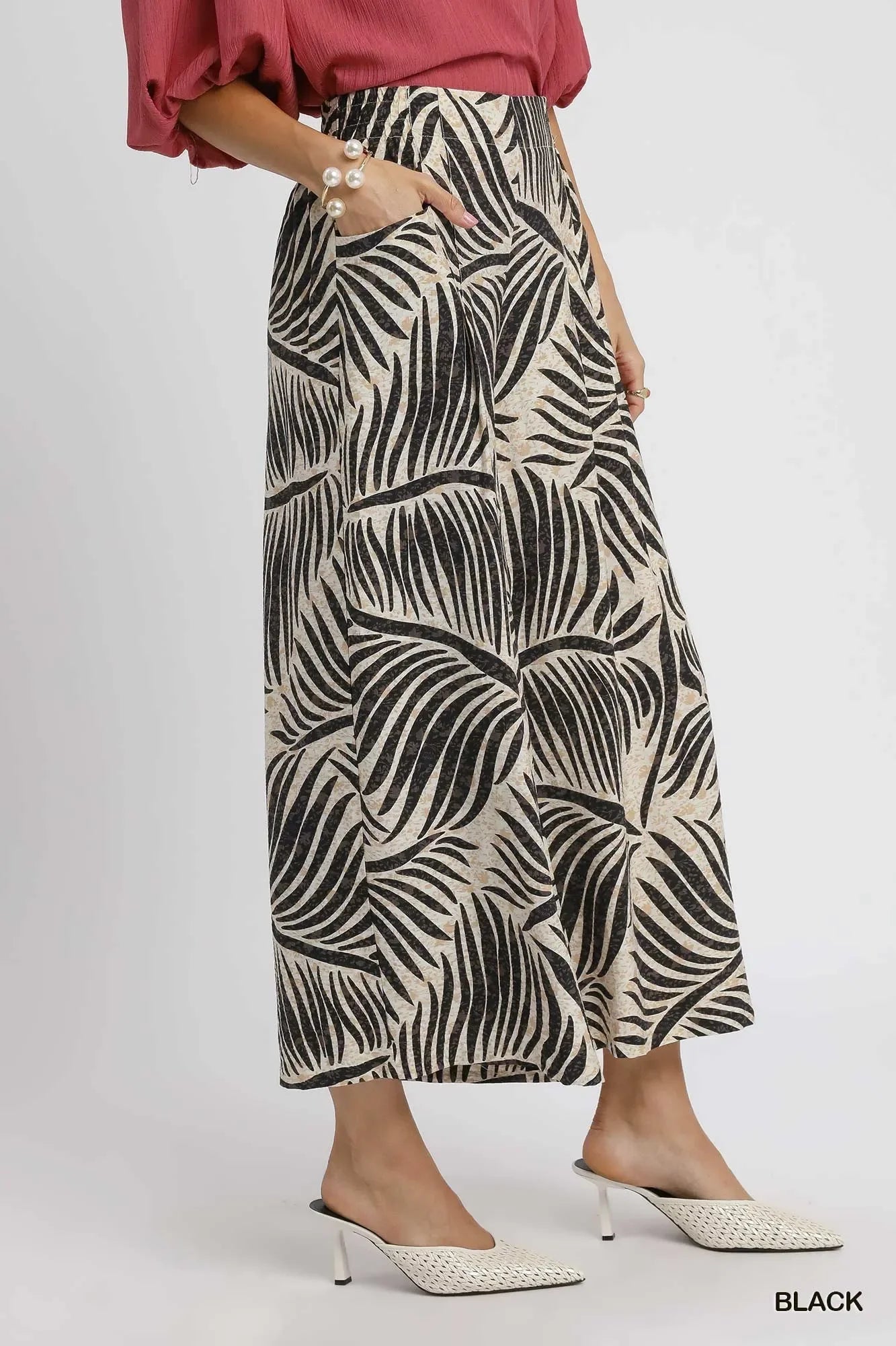 Umgee Palm Leaf Print Wide Leg Culotte Pants - Trendibles
