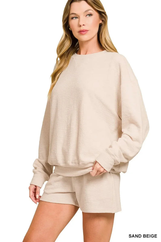 Zenana Slub Long Sleeve Top and Shorts Set - Trendibles