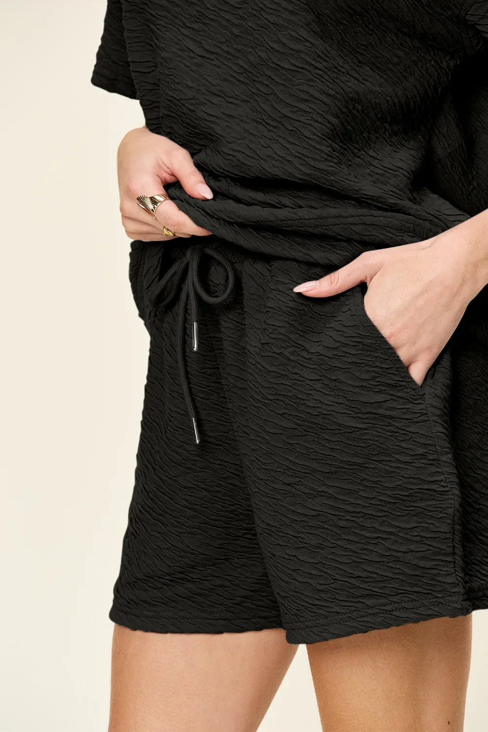 Double Take Full Size Texture Short Sleeve T-Shirt and Drawstring Shorts Set - Trendibles