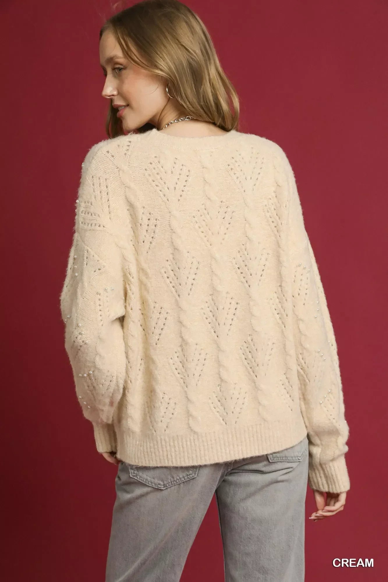 Umgee Pearl-Embellished Long Sleeve Sweater - Trendibles