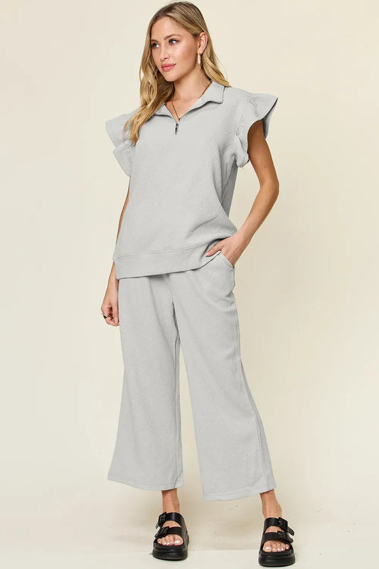 Double Take Texture Ruffle Short Sleeve Top and Drawstring Wide Leg Pants Set - Trendibles
