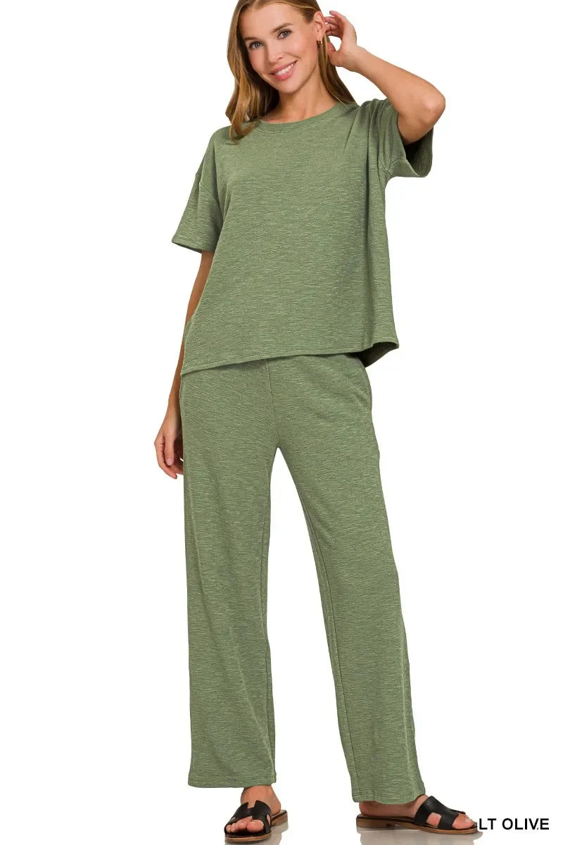 Zenana Slub Short Sleeve T-Shirt and Pants Set - Trendibles