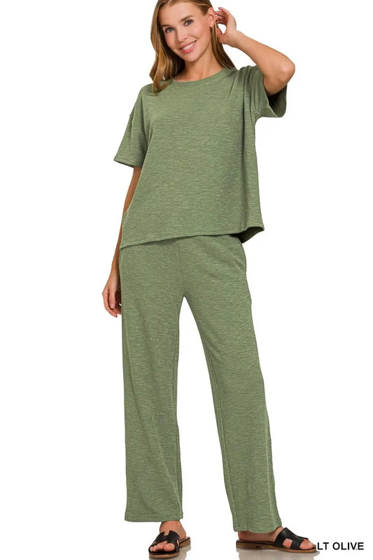 Zenana Slub Short Sleeve T-Shirt and Pants Set - Trendibles
