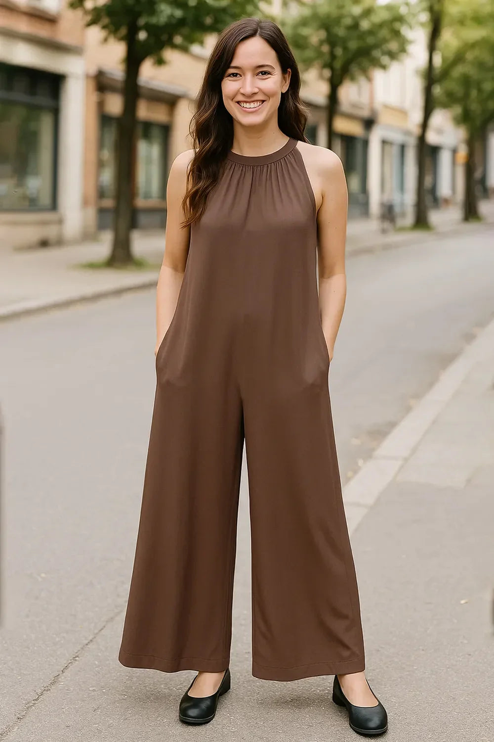 Double Take Full Size Tie Back Cutout Sleeveless Jumpsuit - Trendibles