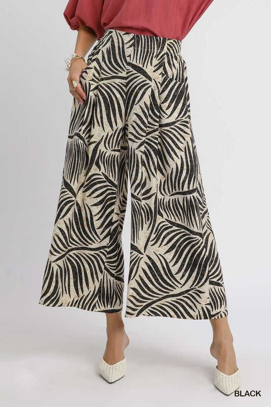 Umgee Palm Leaf Print Wide Leg Culotte Pants - Trendibles