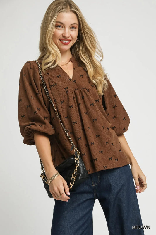 Umgee Corduroy Bow Print Balloon Sleeve Blouse - Trendibles