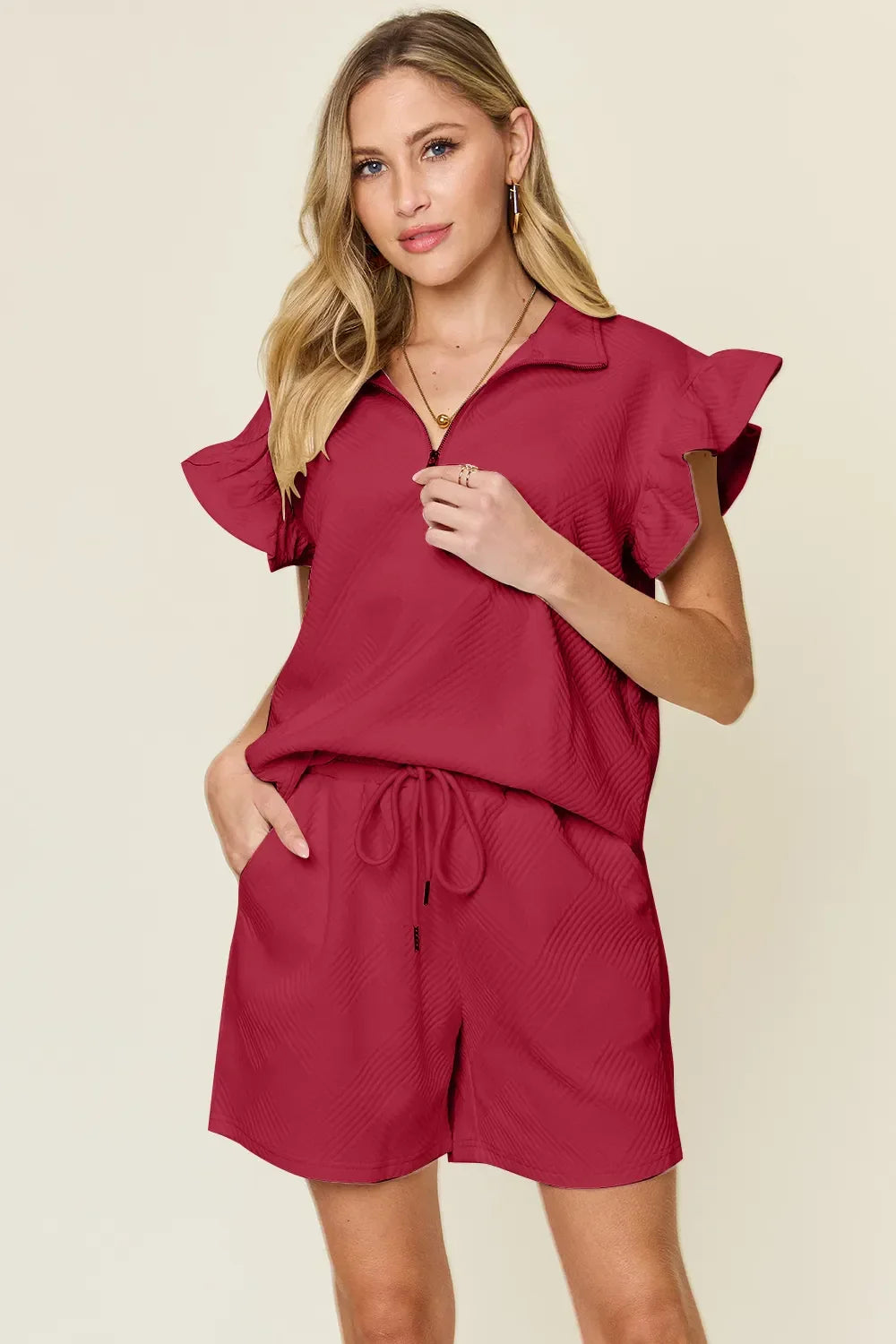 Double Take Full Size Texture Flounce Sleeve Top and Drawstring Shorts Set - Trendibles