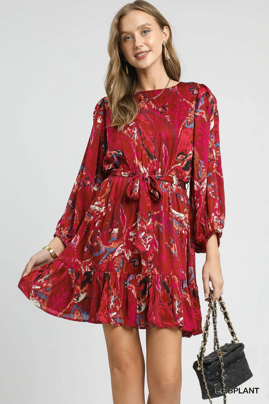 Umgee Ruffled Hem Printed Balloon Sleeve Dress - Trendibles