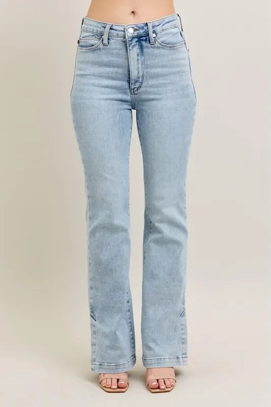Judy Blue Full Size Tummy Control Vintage Wash Side Slit Slim Boot Jeans Plus Size - Trendibles