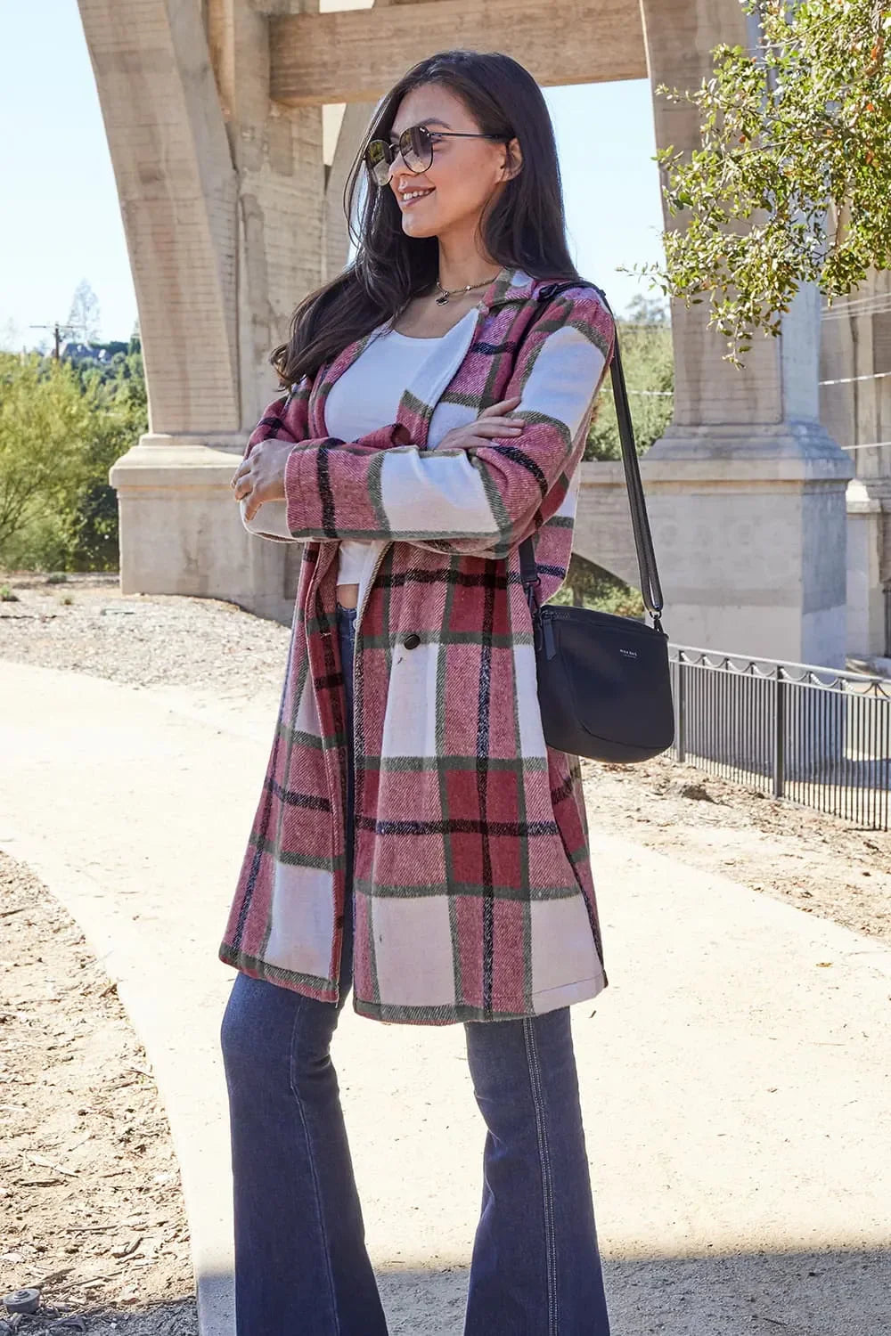 Double Take Full Size Plaid Button Up Lapel Collar Coat - Trendibles