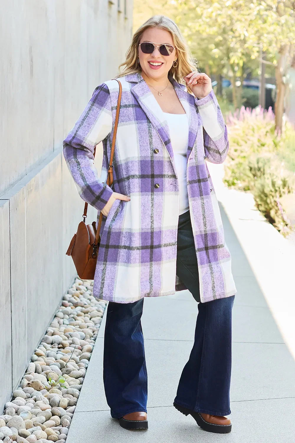 Double Take Full Size Plaid Button Up Lapel Collar Coat - Trendibles