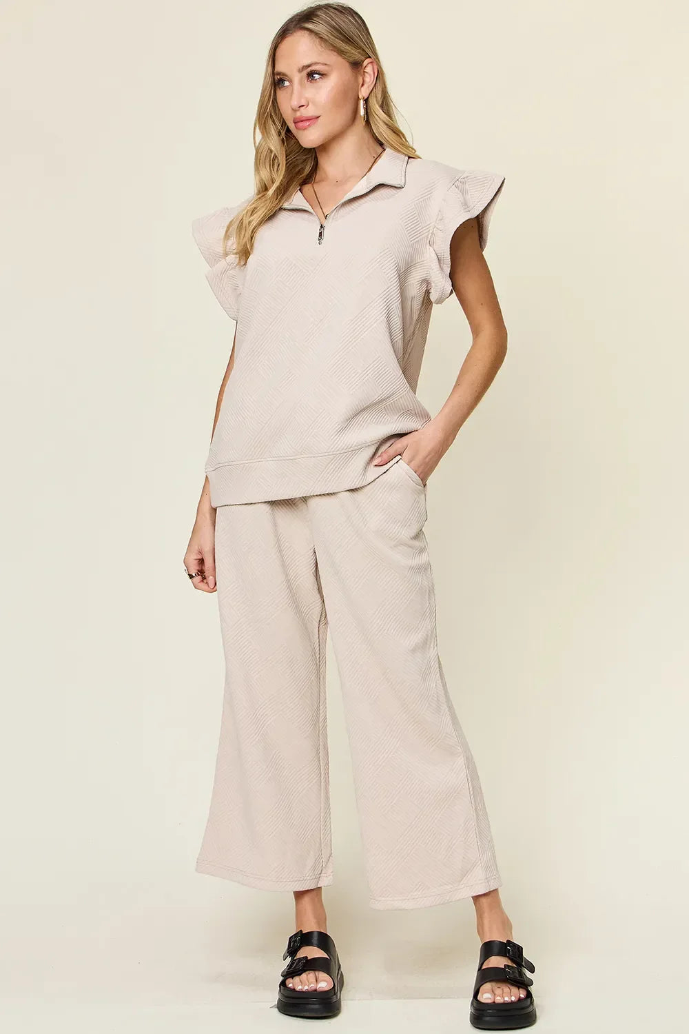 Double Take Texture Ruffle Short Sleeve Top and Drawstring Wide Leg Pants Set - Trendibles